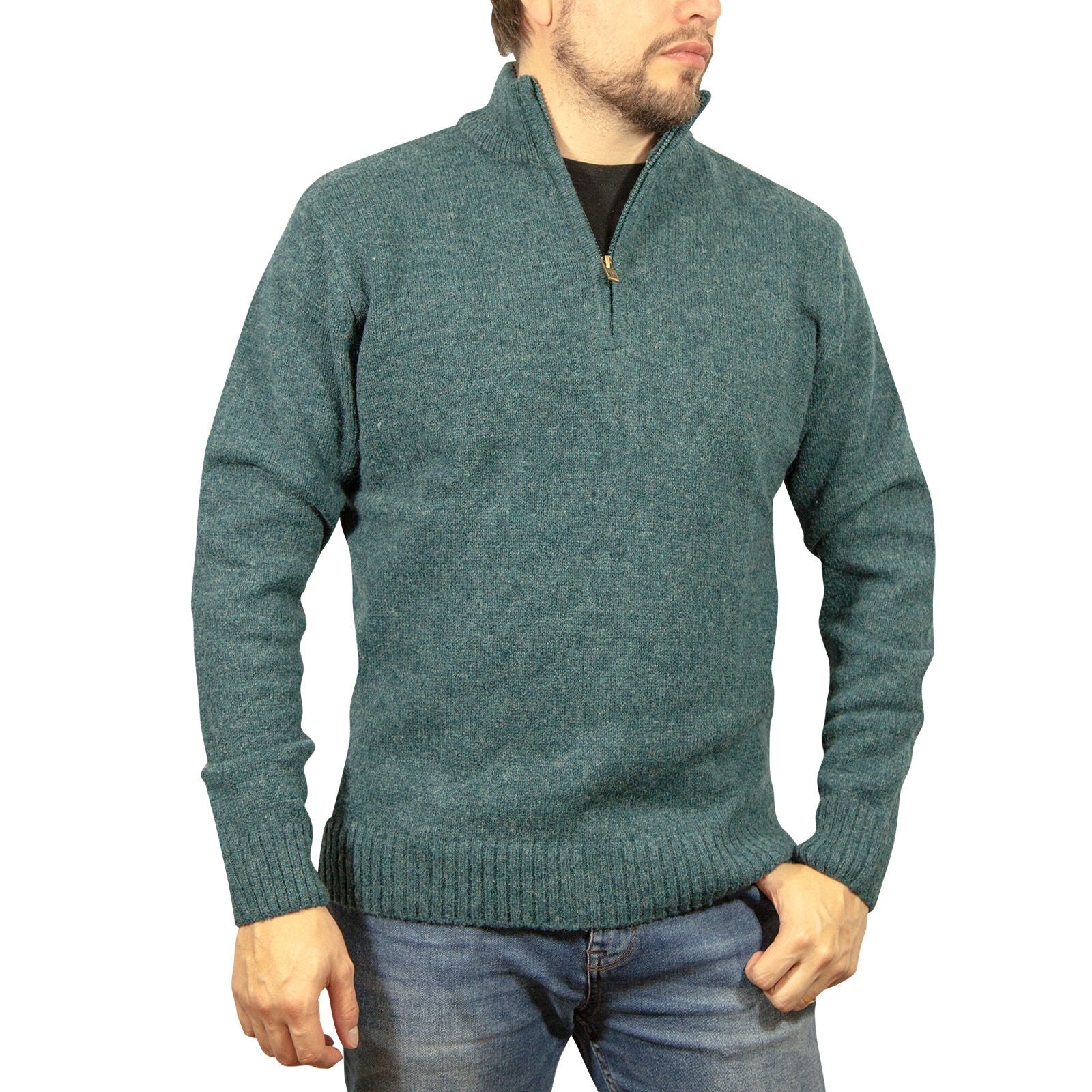 100% SHETLAND RAGG WOOL Half Zip Up Knit JUMPER Pullover Mens Sweater Knitted - Sherwood